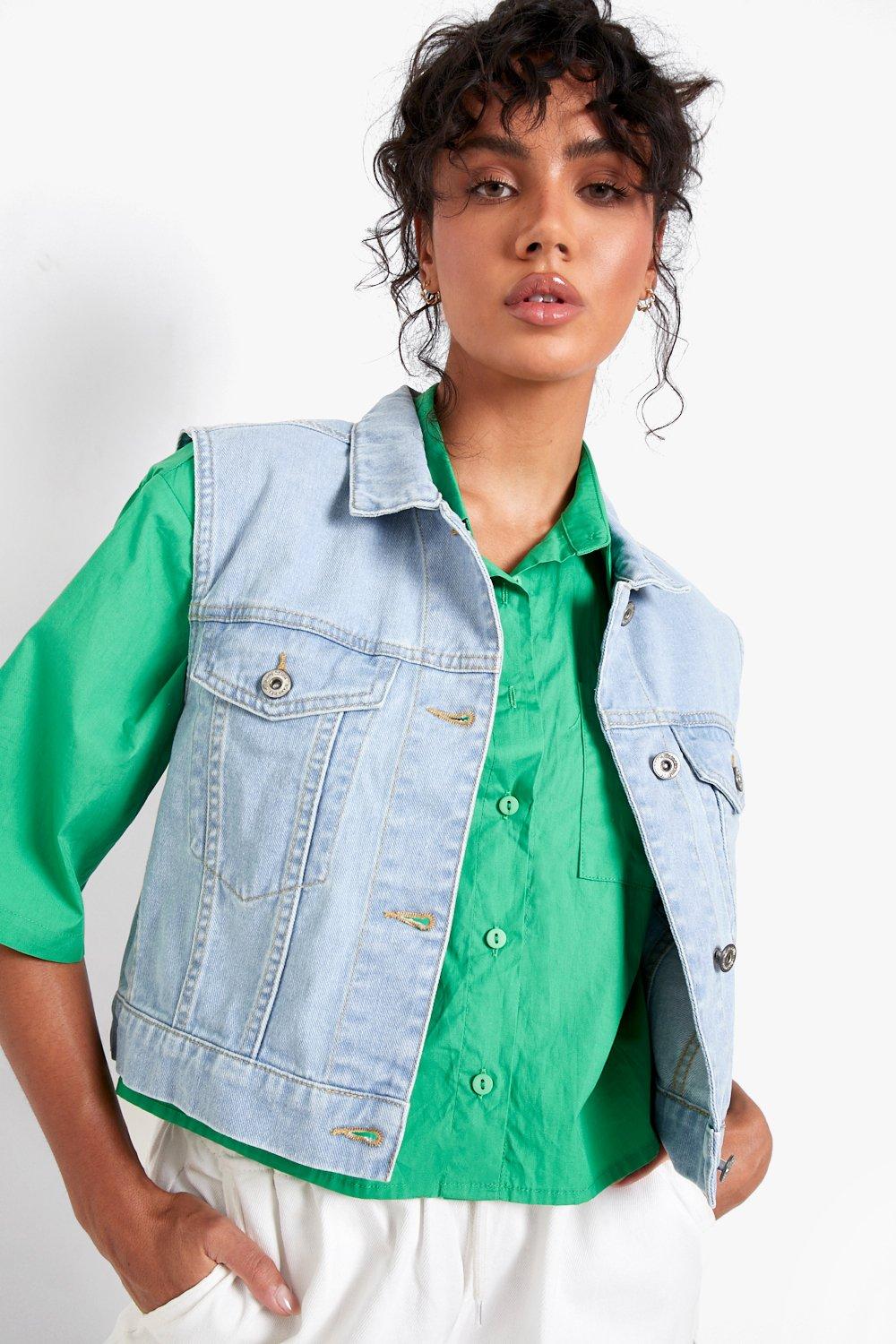 Ladies denim sleeveless on sale jacket